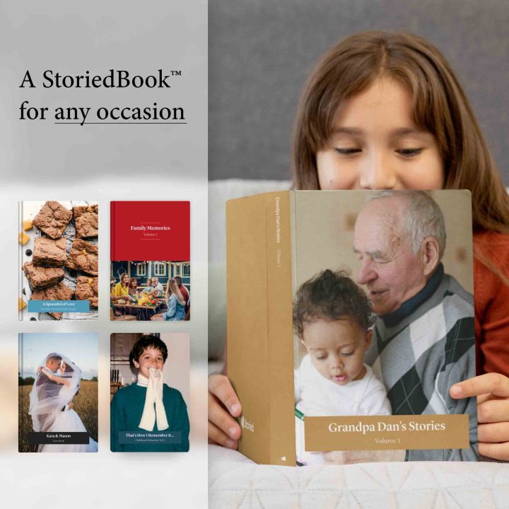 Composite image with photos of various StoriedBooks and text StoriedBooks for any occasion.